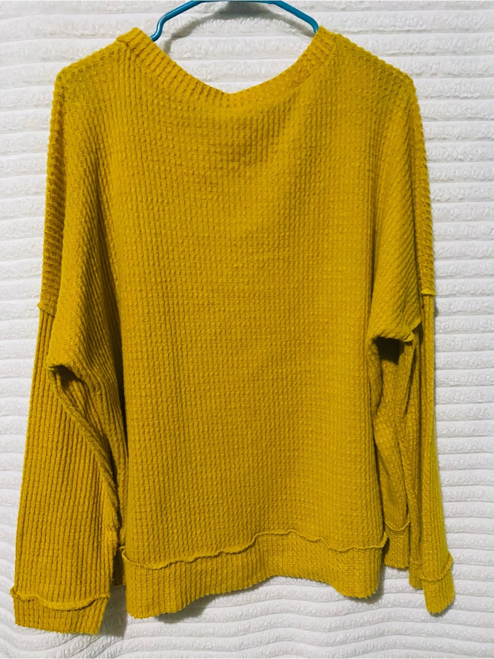 Oversized Waffle Knit V-Neck Sweater in Mustard - Picture 5 of 5